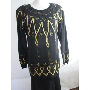 VNTG Victoria Harbour S Knit Sweater Beaded Rhinestones Ribbon Women Black Gold